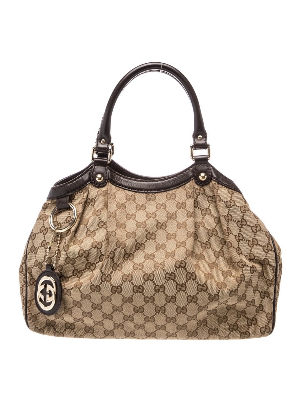 AUTHENTIC Gucci Tan GG Canvas Tote with Dark Brown Leather Trim